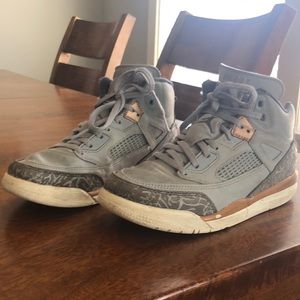 Air Jordans, size 2Y, grey with gold accents 2017